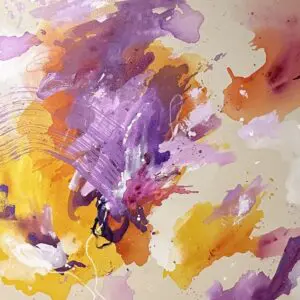 A painting of purple and yellow colors on paper.